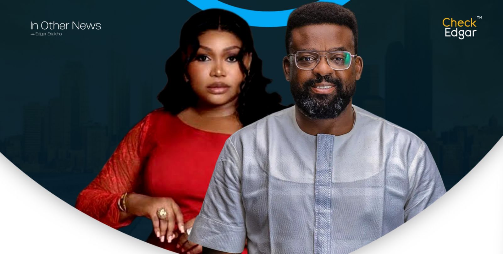 Ruth Kadiri in a red dress stands behind Kunle Afolayan in a traditional outfit.