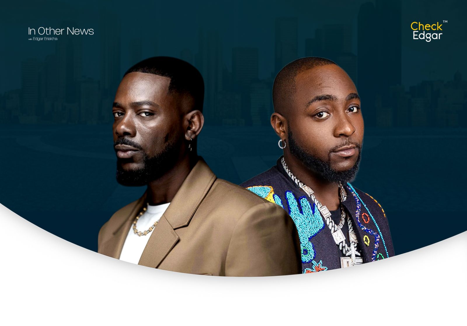 A close-up of Adekunle Gold and Davido with serious expressions, wearing trendy outfits.