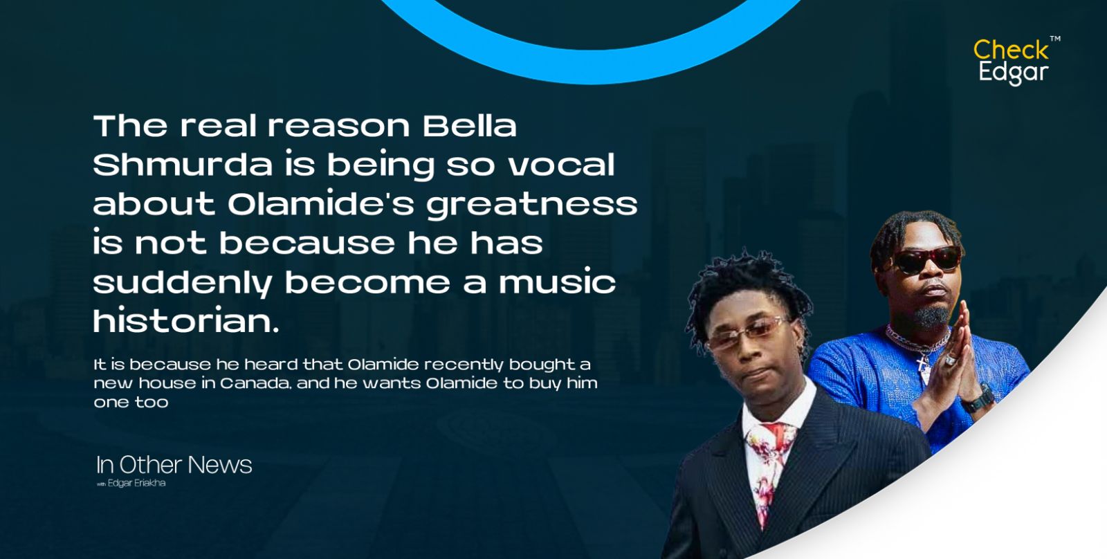 Bella Shmurda in a black suit and Olamide in a blue outfit, both looking serious.