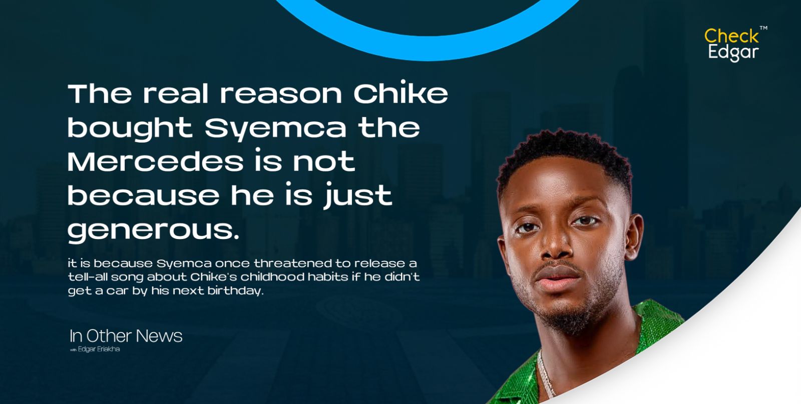 Chike in a green shirt looking serious.
