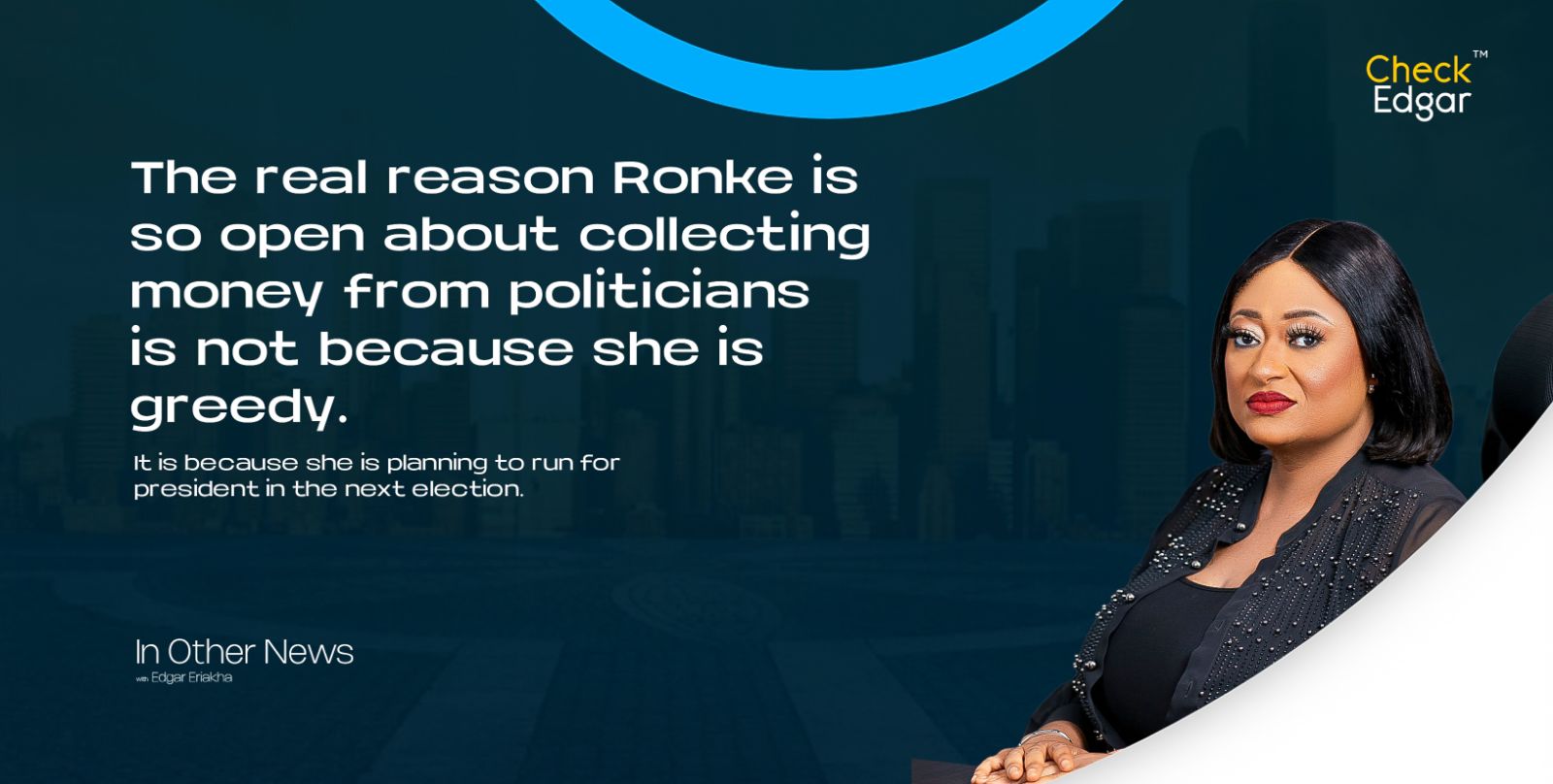 Ronke Oshodi-Oke with dark hair and red lipstick.
