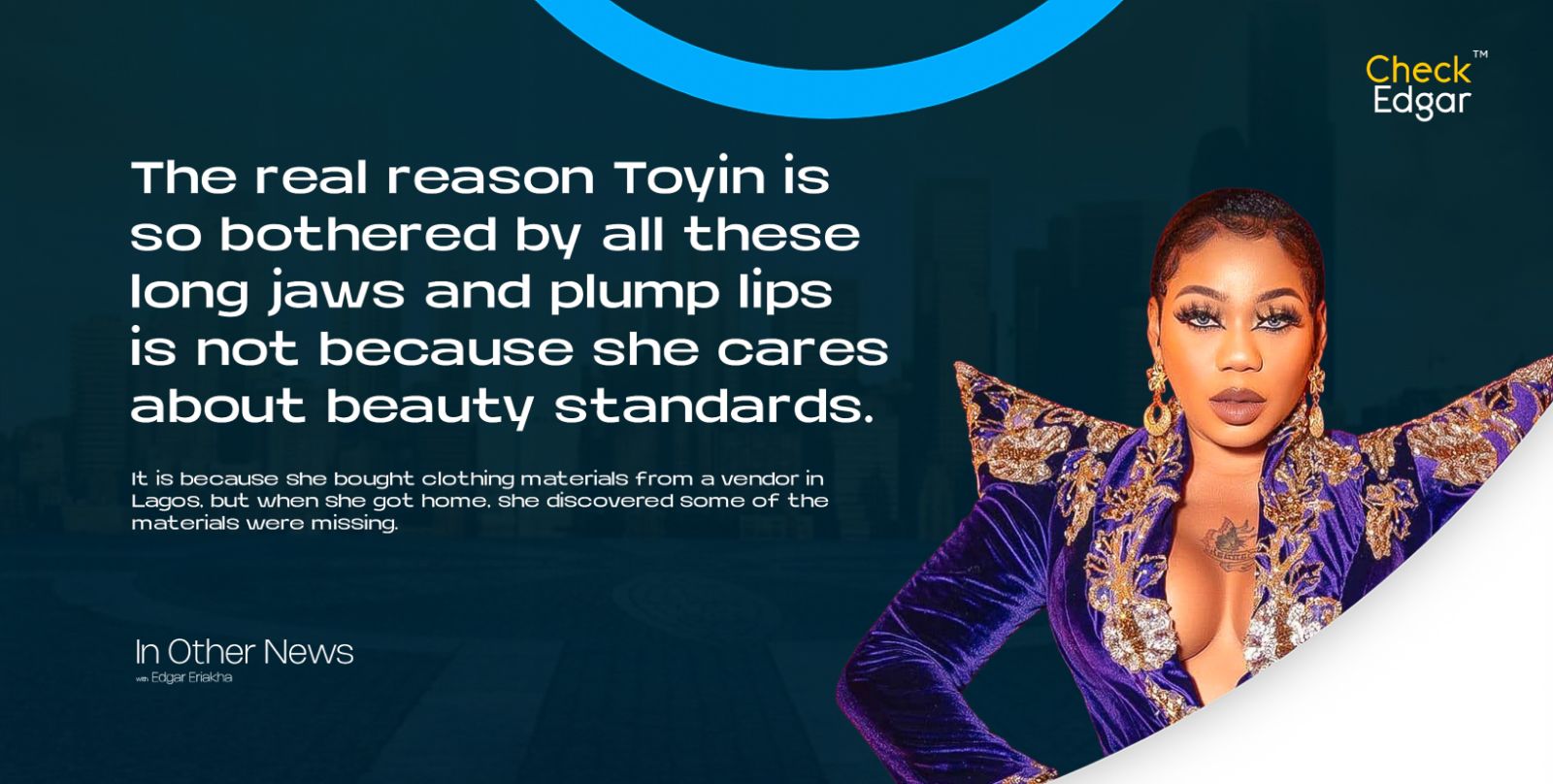 Toyin Lawani in a stylish purple outfit stands confidently with a serious expression.