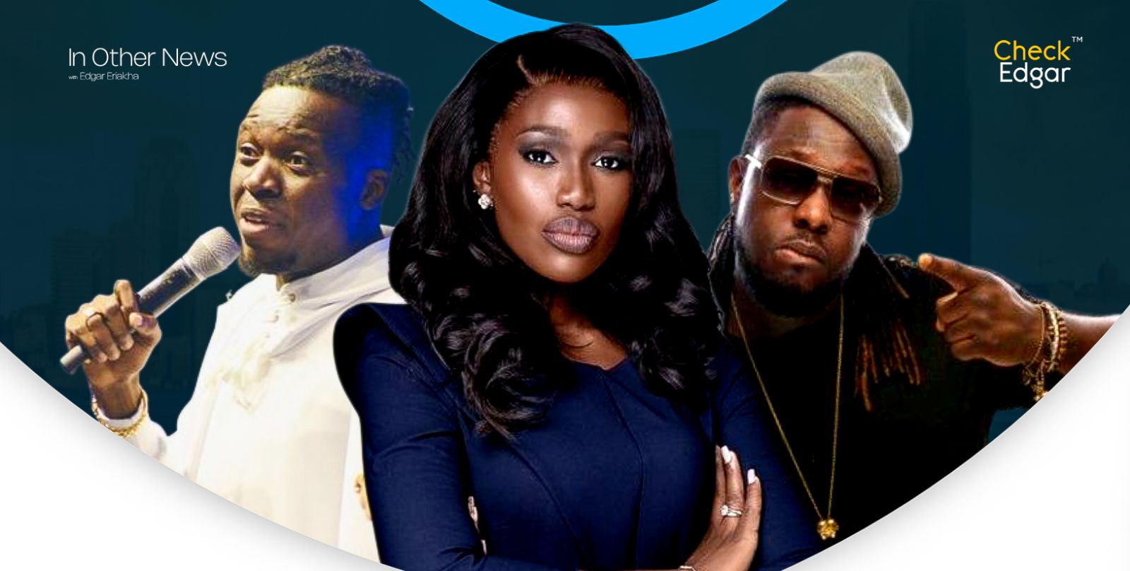 Real Warri Pikin in blue, Akpororo with a microphone, Timaya in a hat and sunglasses.