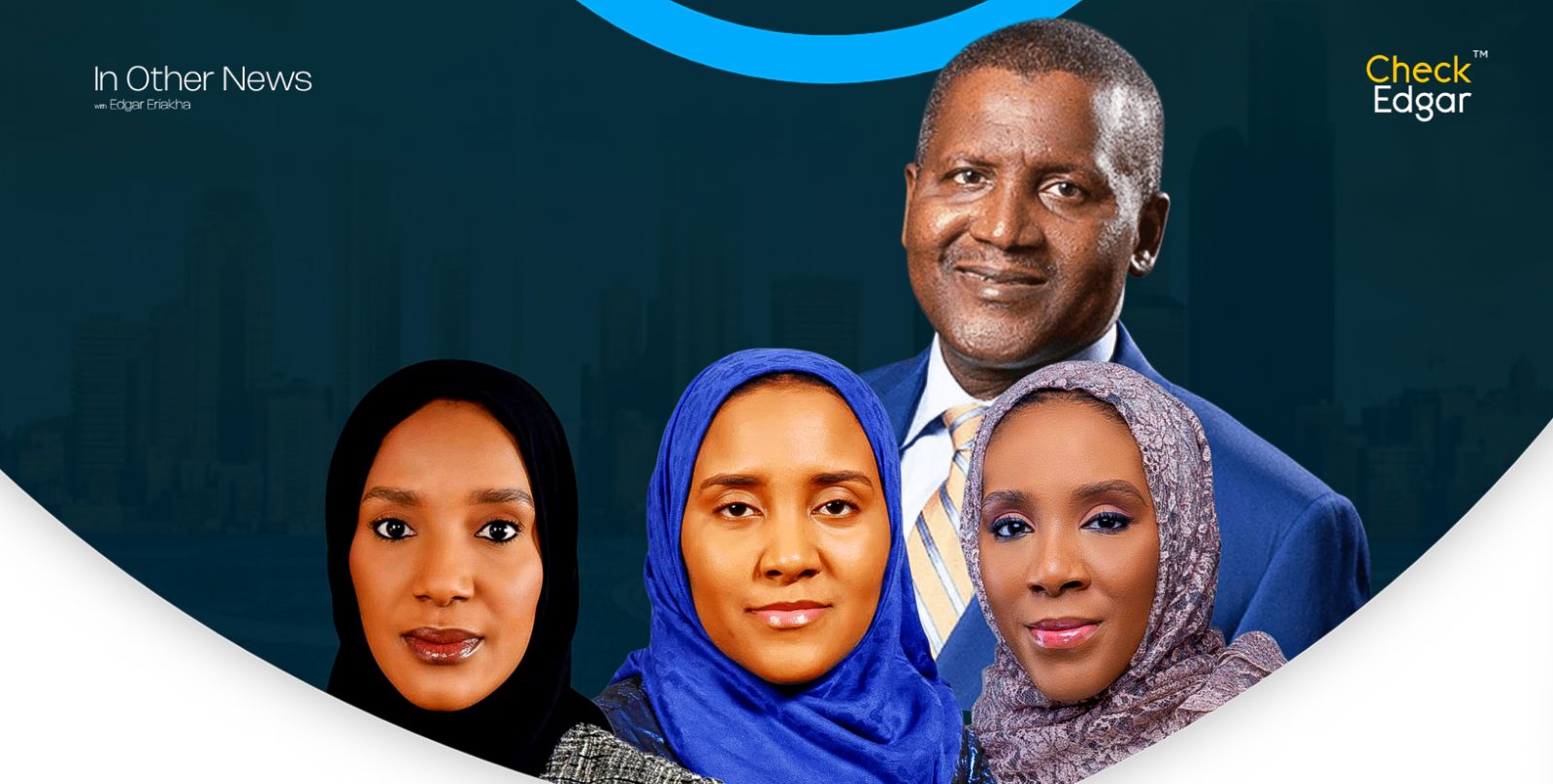 A portrait featuring Dangote and his three daughters.