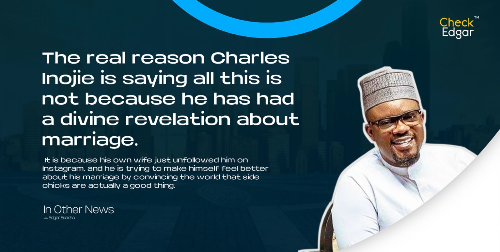 Charles Inojie wearing glasses and a cap is seated, smiling.