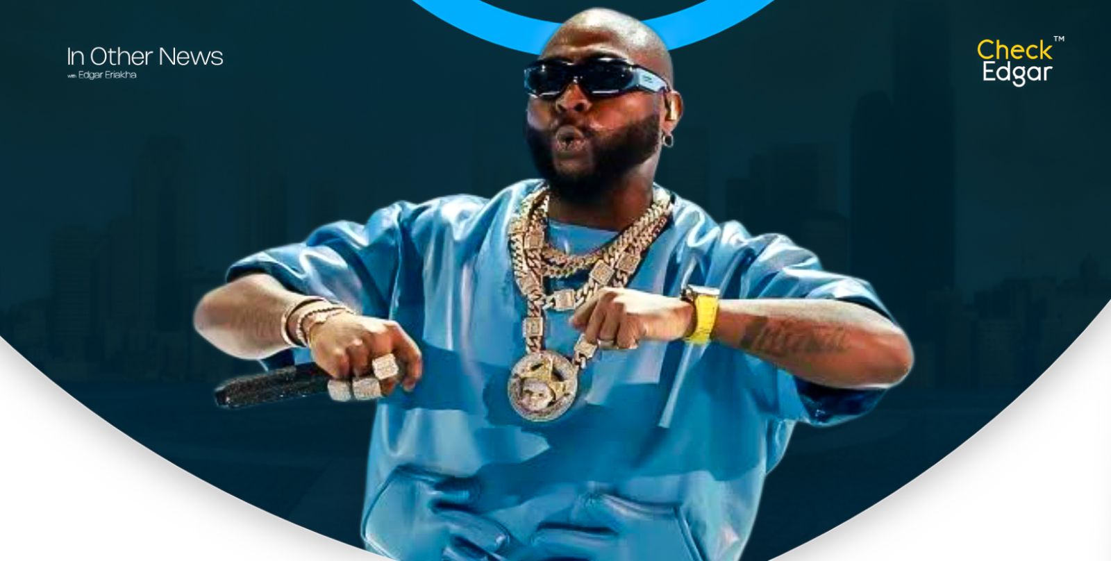Davido with a beard and sunglasses, showcasing flashy jewelry and a blue top.
