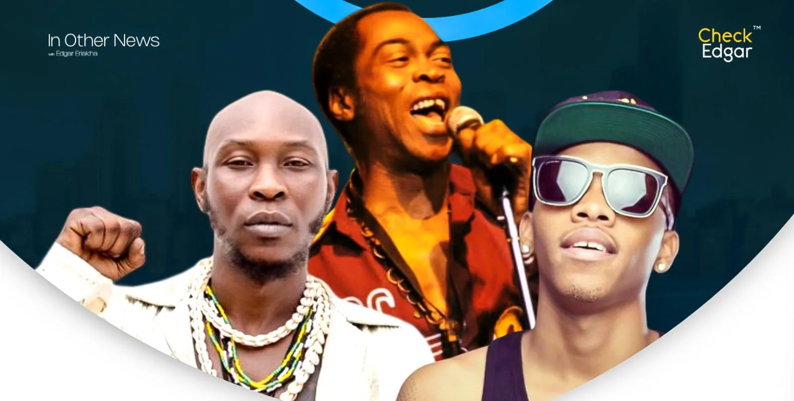 Fela singing into a microphone, Seun Kuti raising a fist, and Tekno wearing sunglasses.
