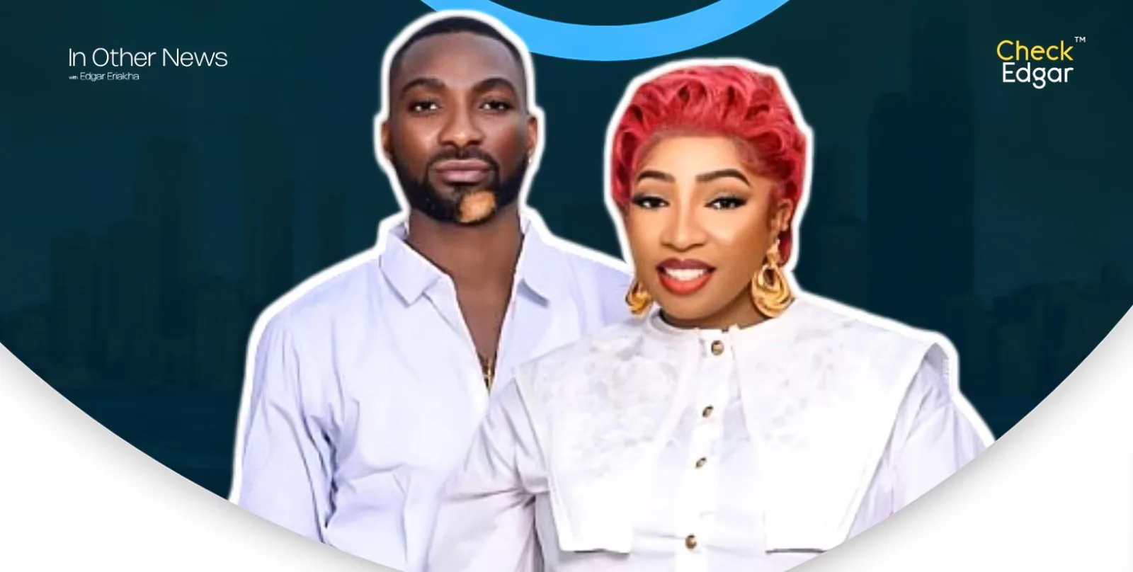 Anita Joseph in a stylish white outfit stands beside MC Fish with a well-groomed beard, both looking confident.