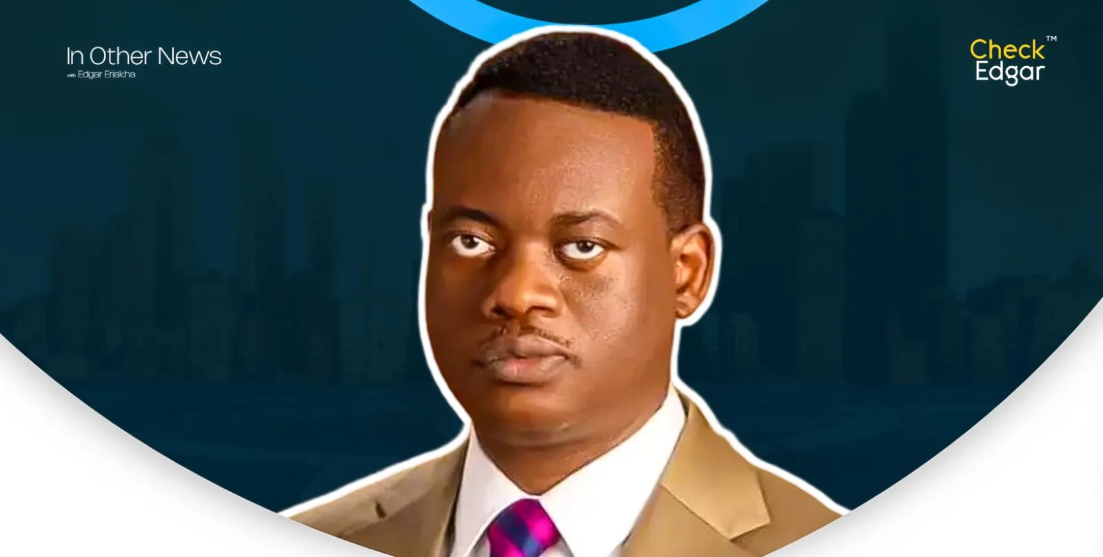 Apostle Arome Osayi in a beige suit with a pink tie, looking serious.