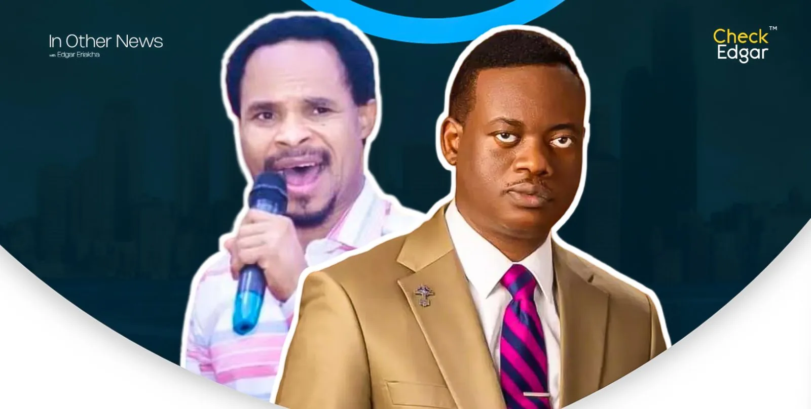 Pastor Odumeje holding a microphone, Apostle Arome in a suit with a serious expression.