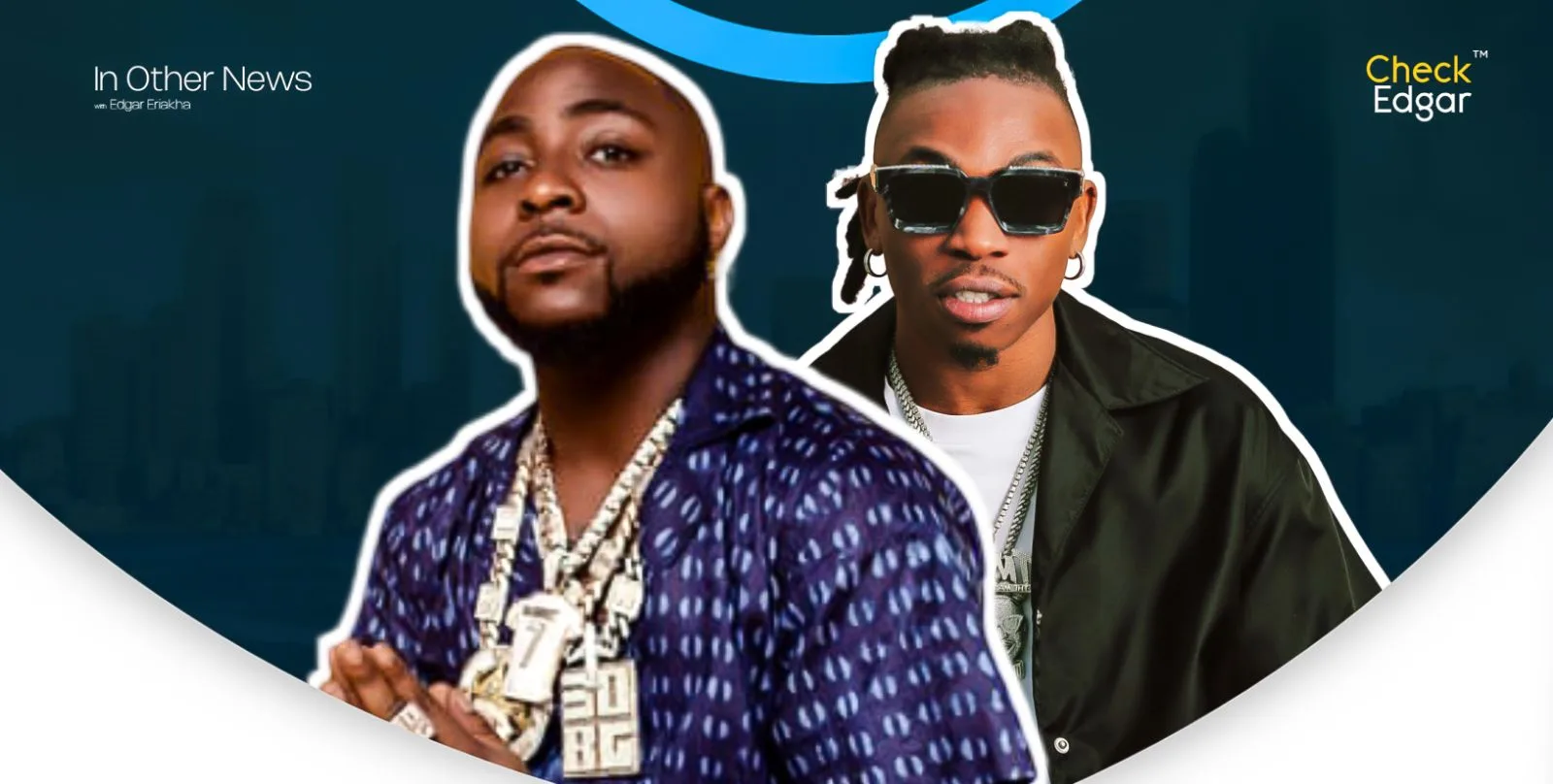 Davido wearing a blue shirt with jewelry, Mayorkun in dark shades and a black shirt.