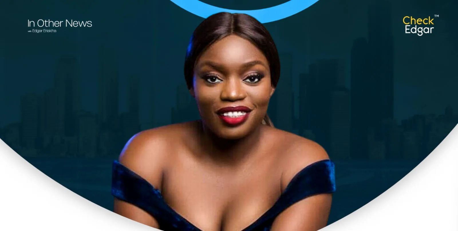 Bisola Aiyeola in an off-shoulder dress smiles brightly at the camera