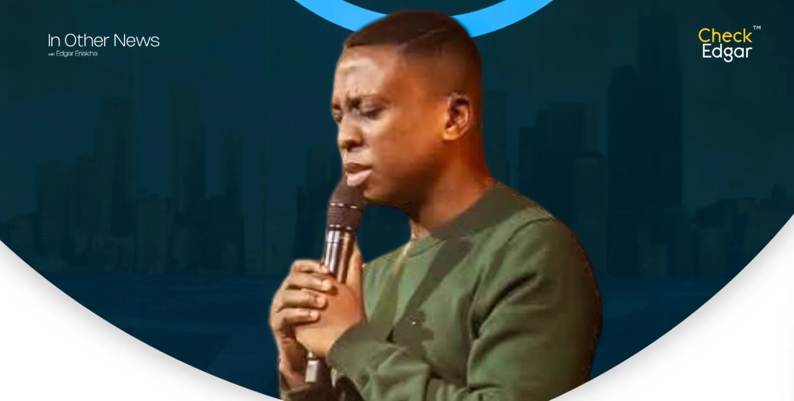 Pastor Bolaji Idowu holding a microphone, looking thoughtful.