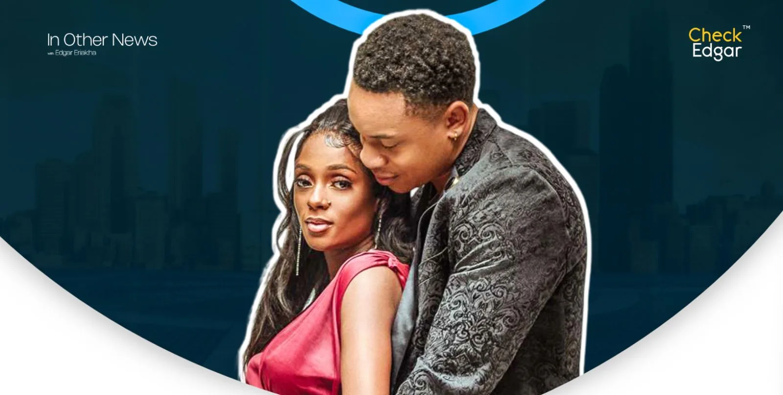 Rotimi and his wife embracing, showcasing a romantic moment in formal attire.