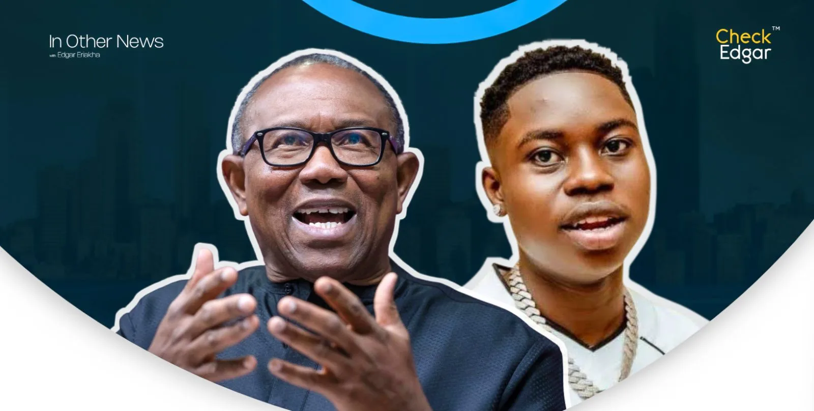 Peter Obi with glasses and a black outfit gestures while Peller in a light outfit looks on.