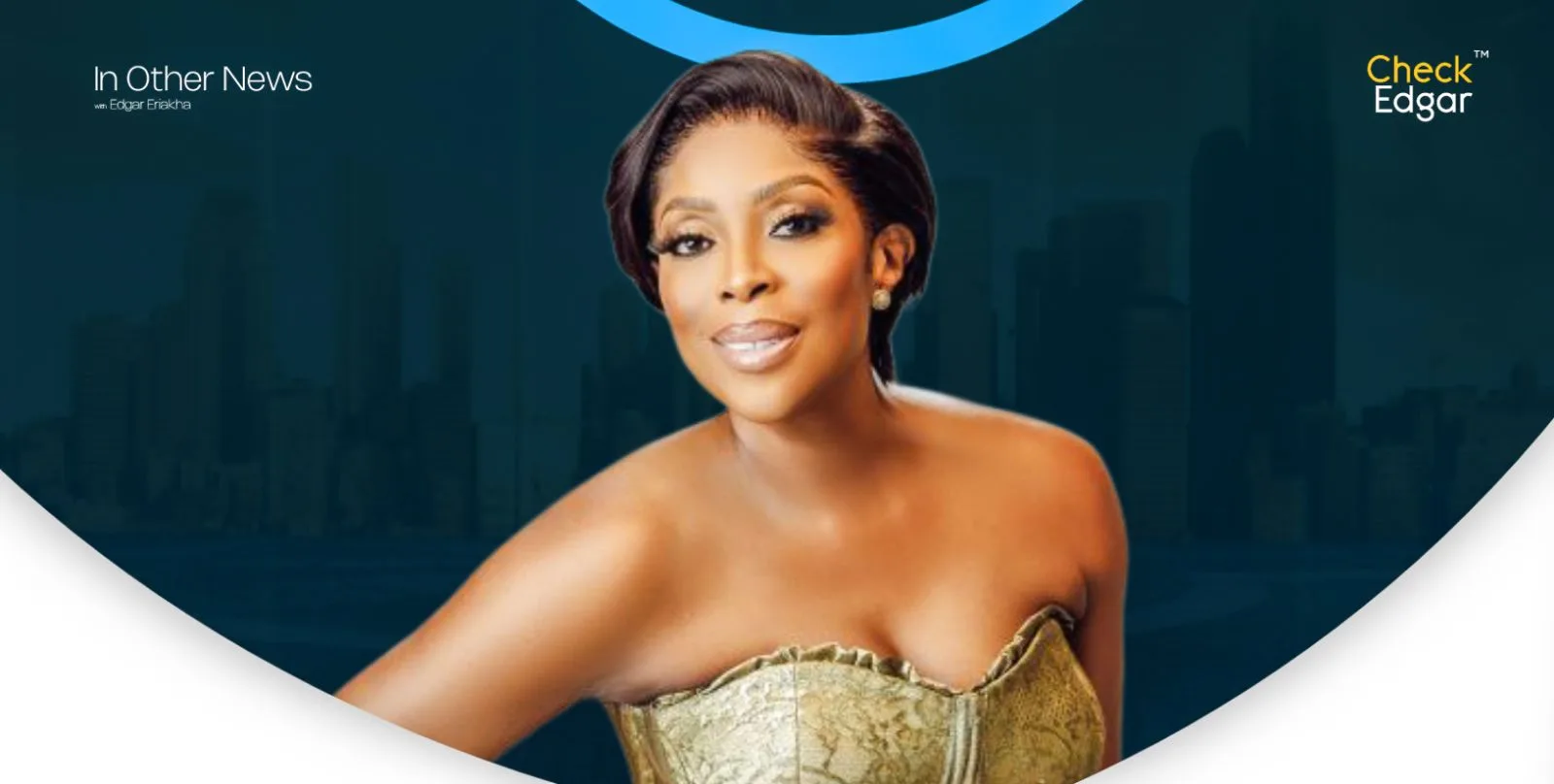 A portrait of Mo Abudu, dressed in a glamorous gold top.