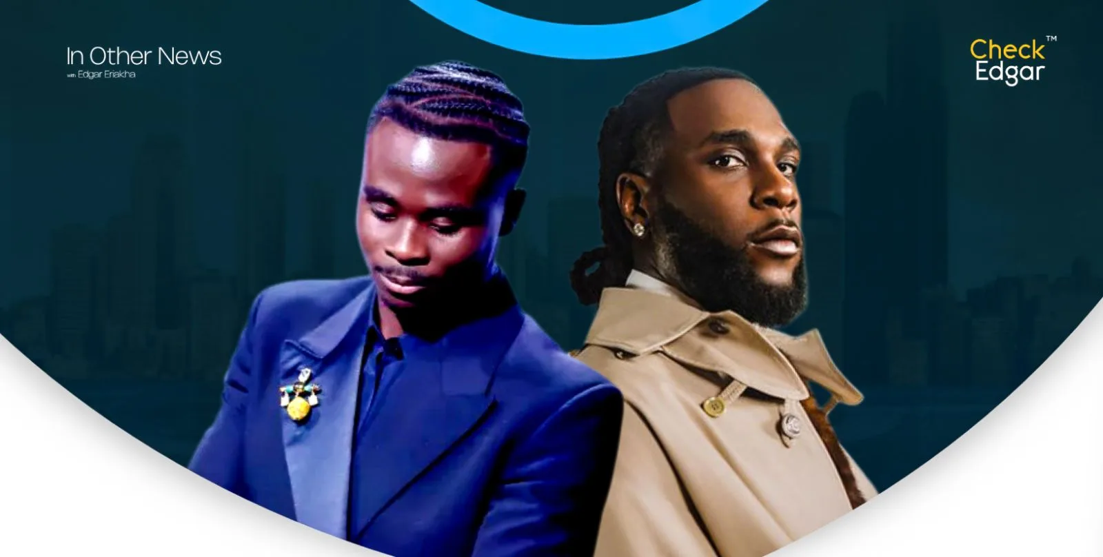 Bukayo Saka in a blue suit and Burna Boy in a beige coat.