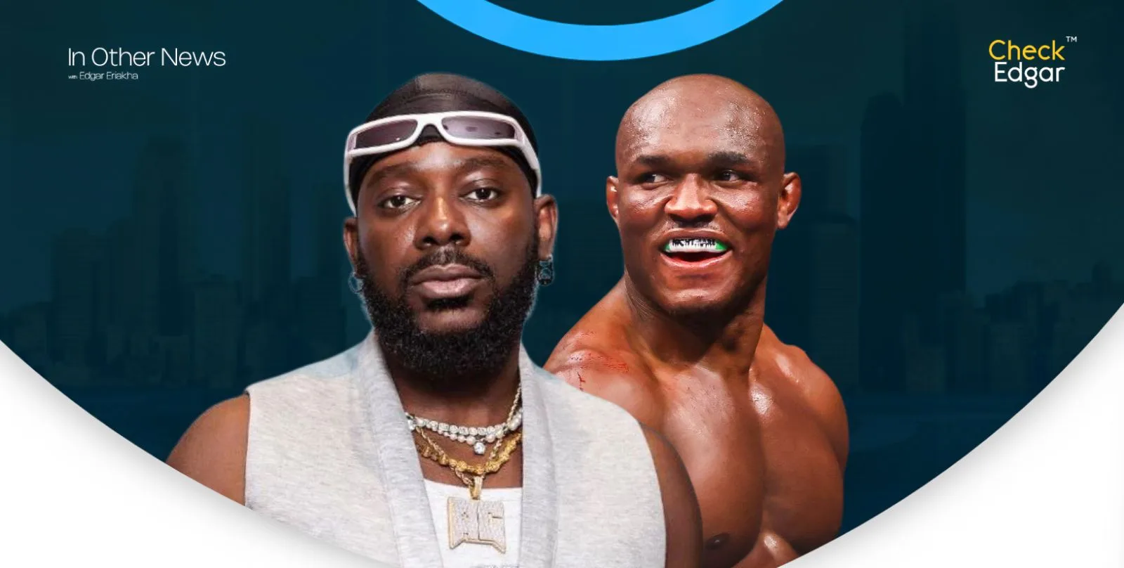 Adekunle Gold in a sleeveless top and chains stands next to Kamaru Usman smiling.
