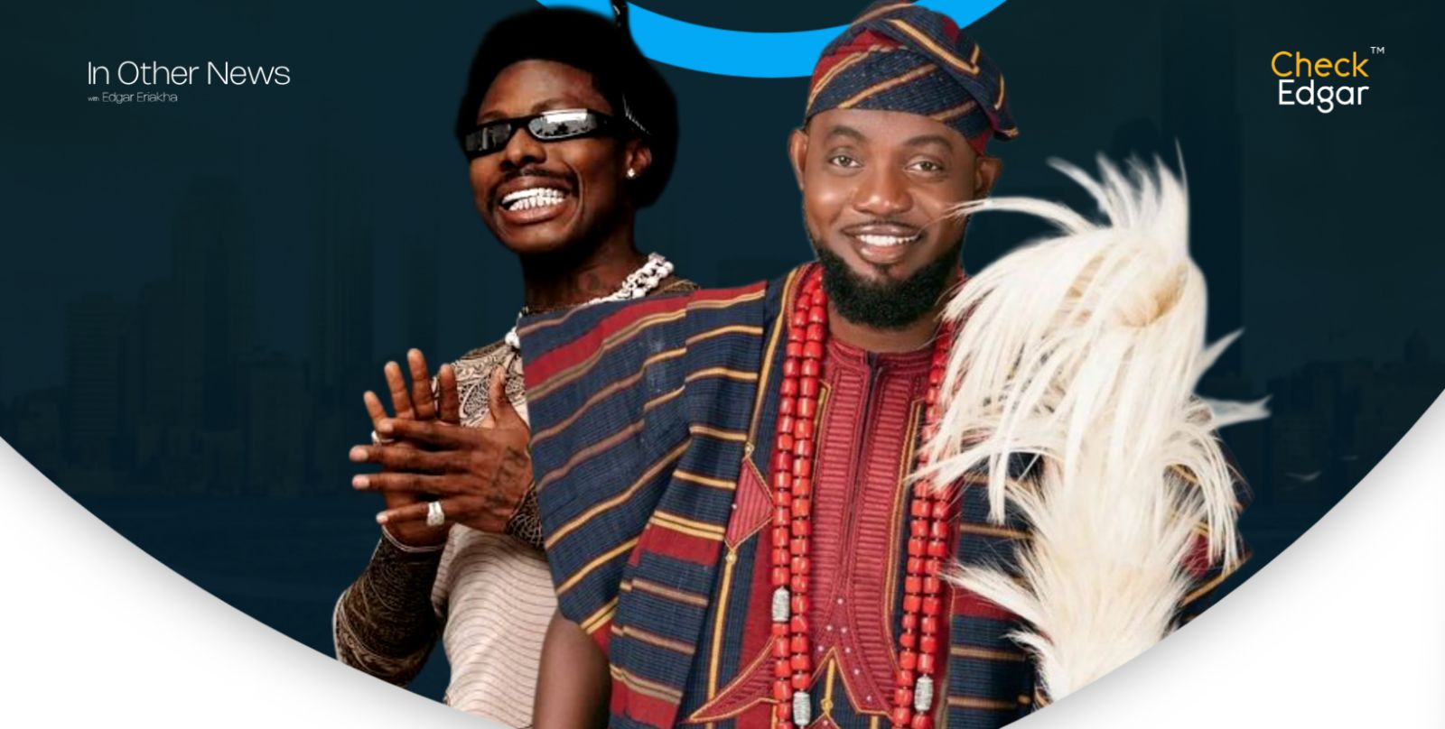 AY in traditional clothing smiles widely while Asake shows his teeth, both posing for the camera.