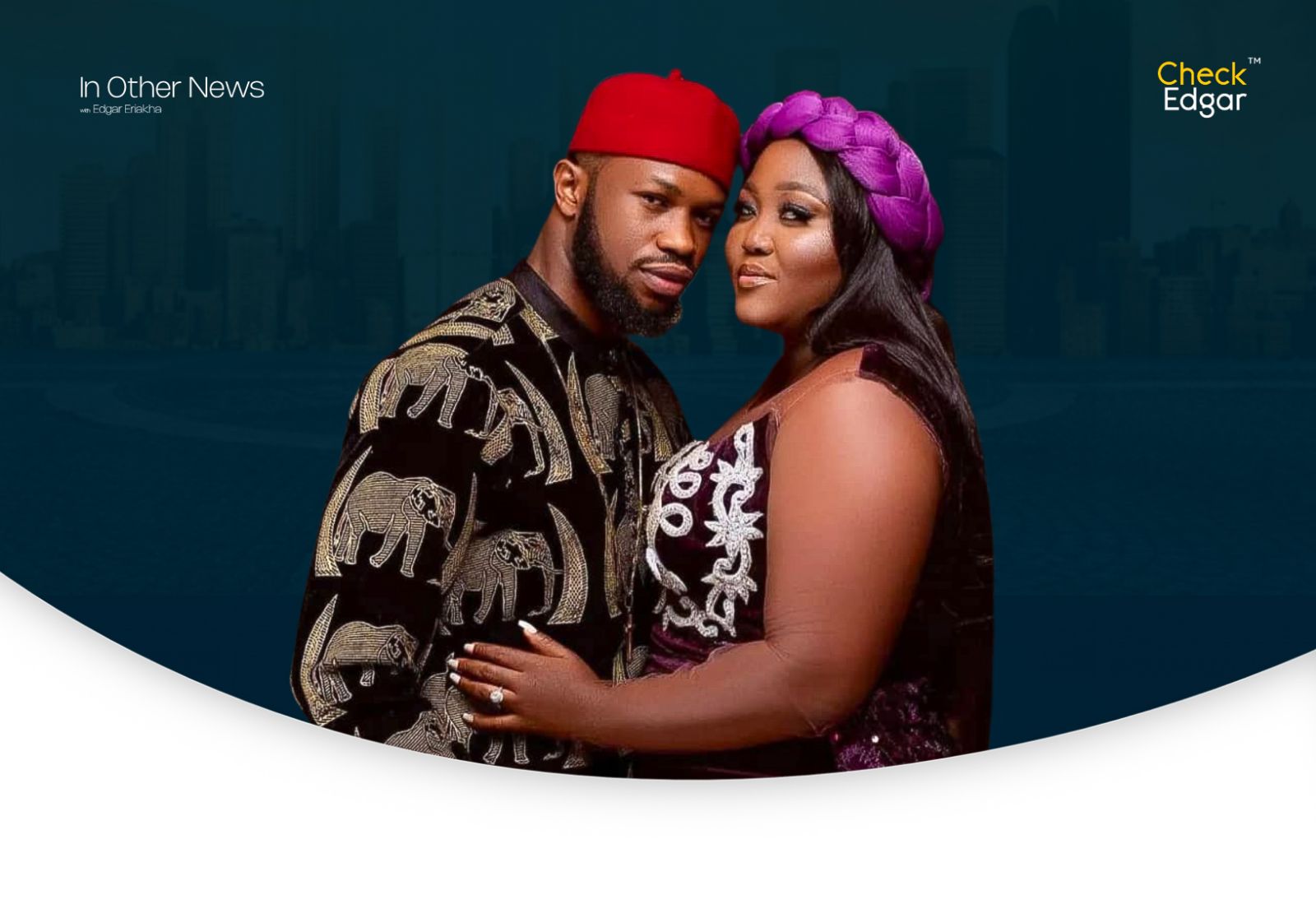 Stan Nze and Blessing Obasi Nze poses together, showcasing traditional attire with elephant designs and vibrant accessories.