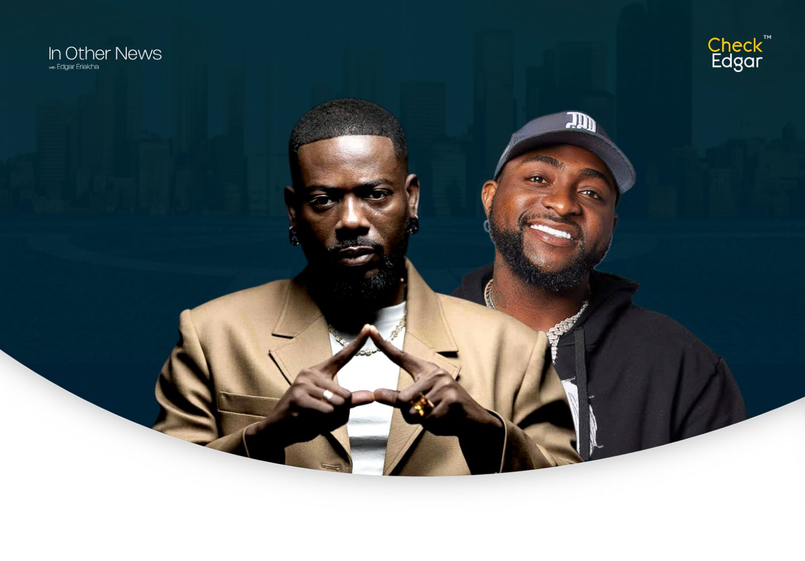 Adekunle Gold in a beige suit poses seriously, while Davido in a black hoodie smiles beside him.
