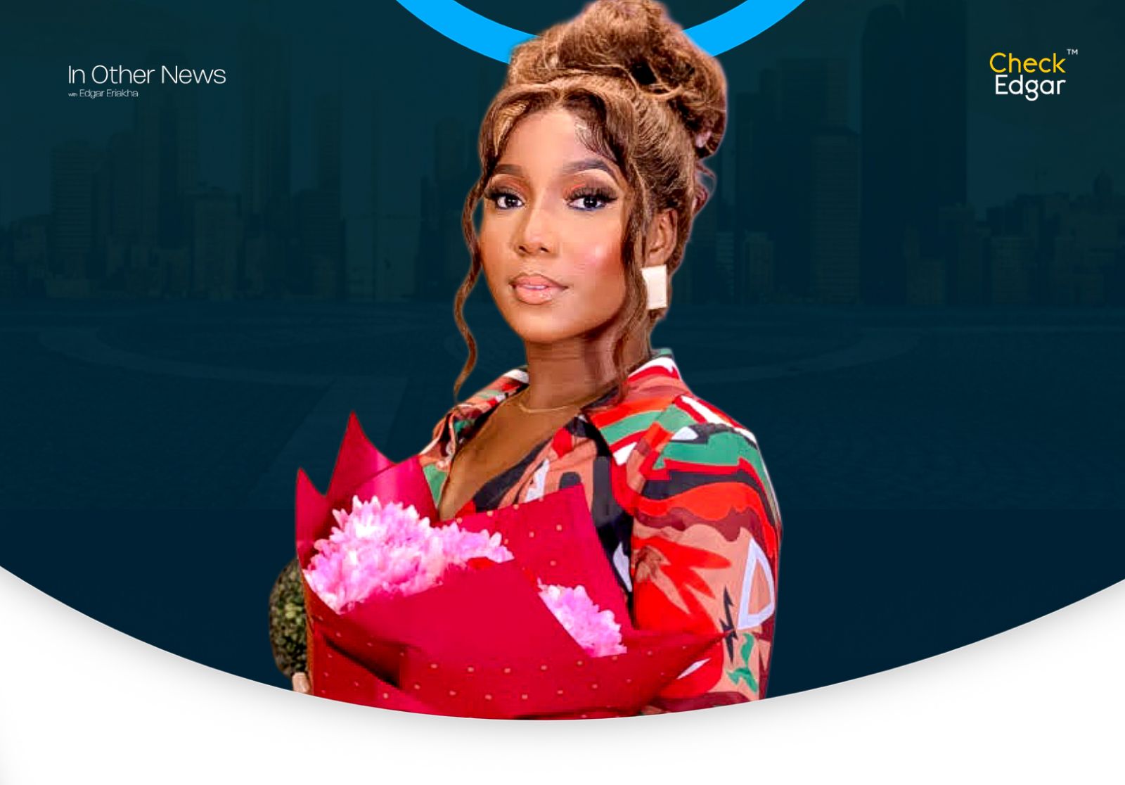 Simisanya with a stylish hairstyle holds a bouquet of pink flowers.