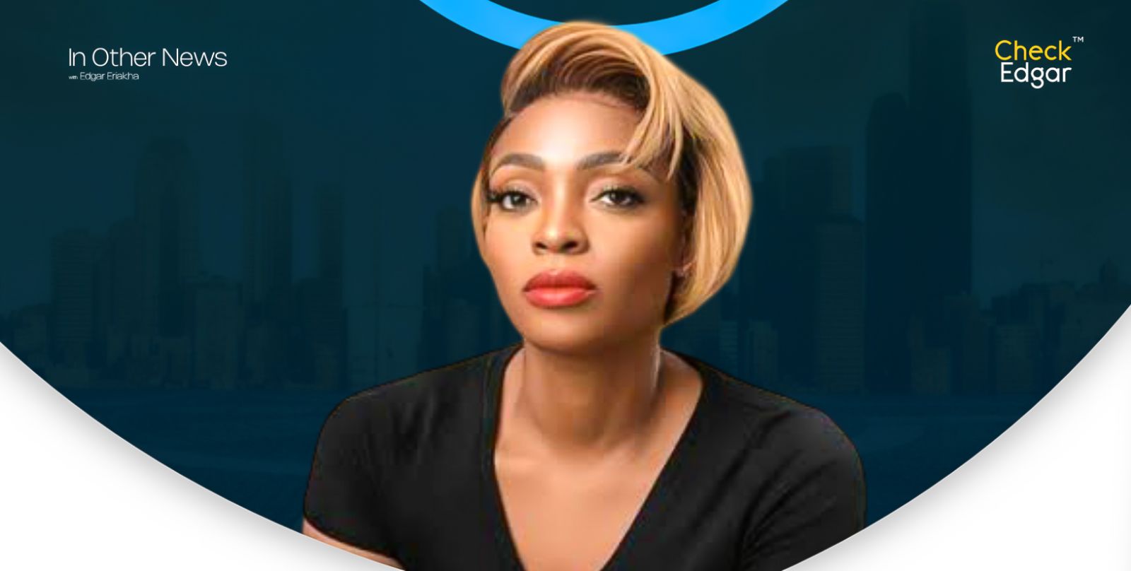 Close-up of Sharon Ademefun with striking makeup and blonde hair.