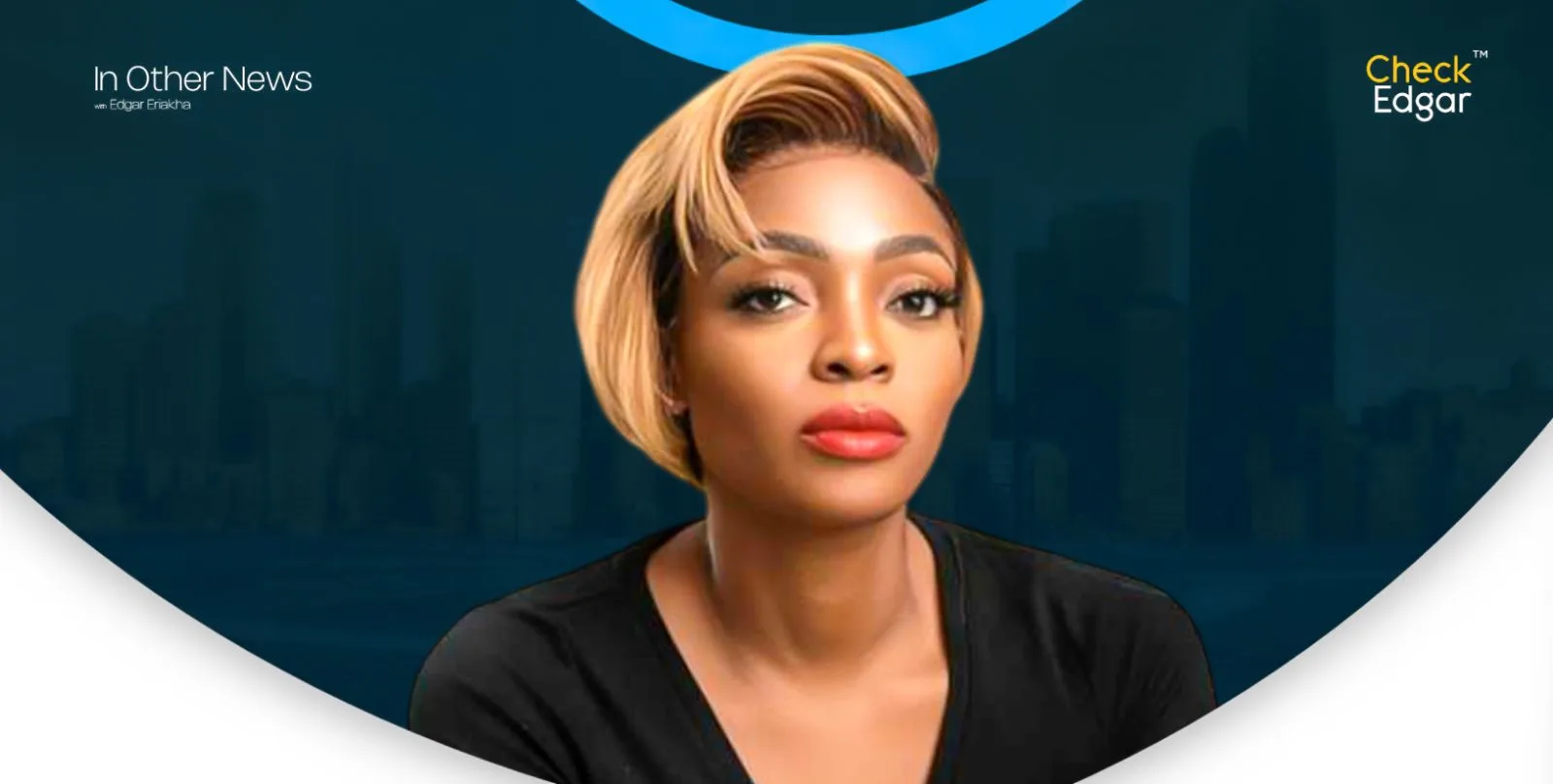 Sharon Adeleke with blonde hair and bold red lipstick looks directly at the camera.