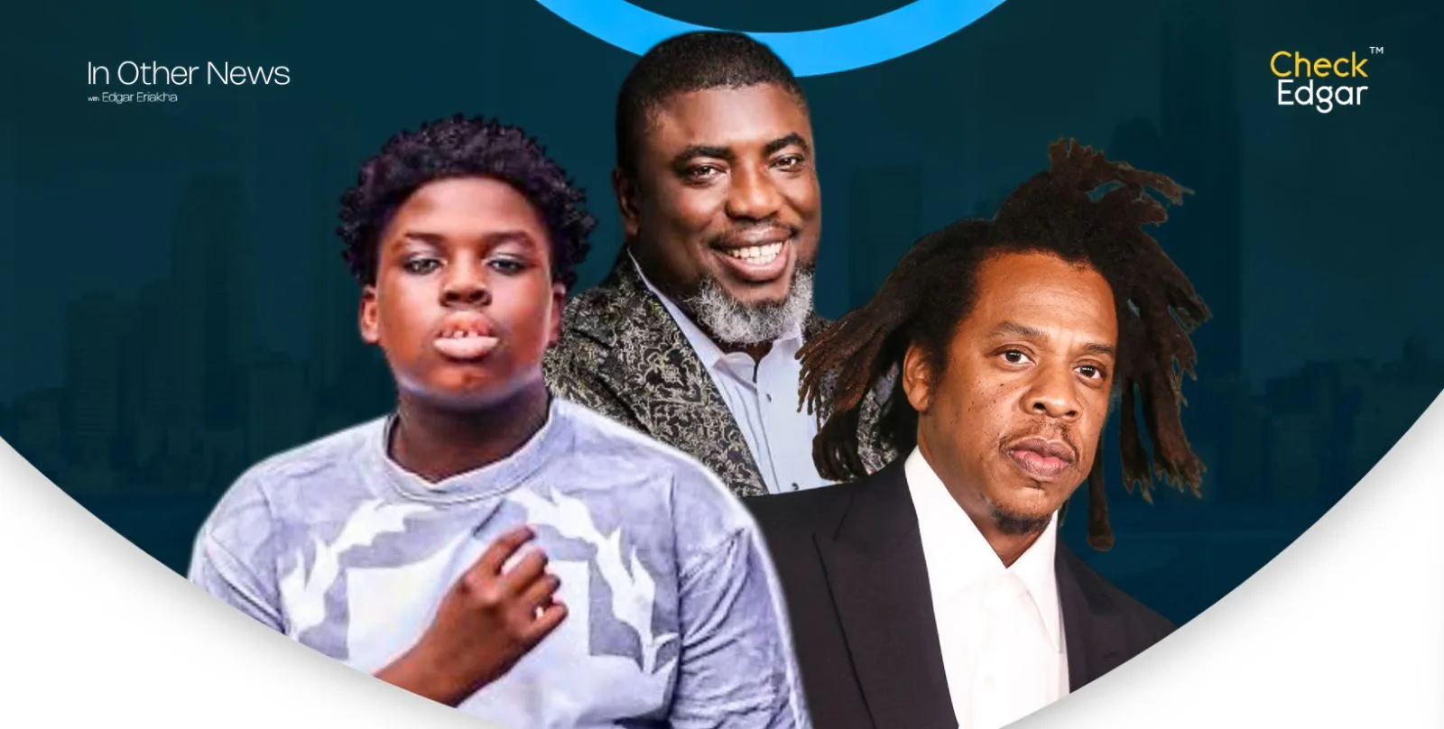 Ice King with curly hair and a serious expression, King Ochacho smiling with a beard, and Jay-Z with distinctive hair.