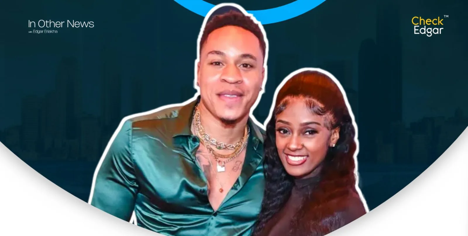 Rotimi in a green shirt and his wife in a black outfit smile at the camera.