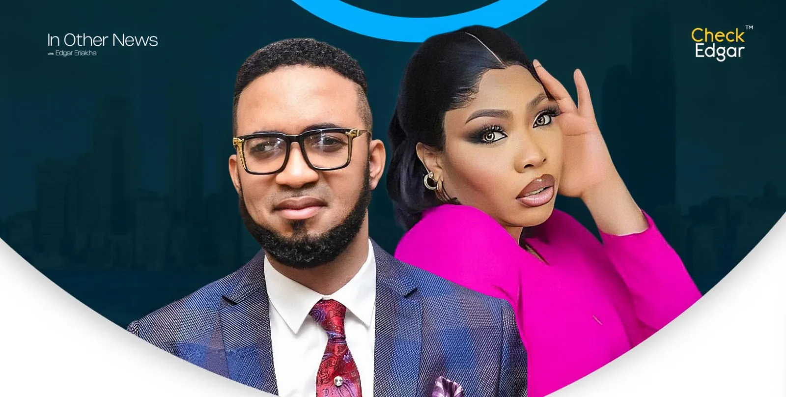 Pastor Chris in a suit and glasses, Doris Ogala with long hair in a pink top.